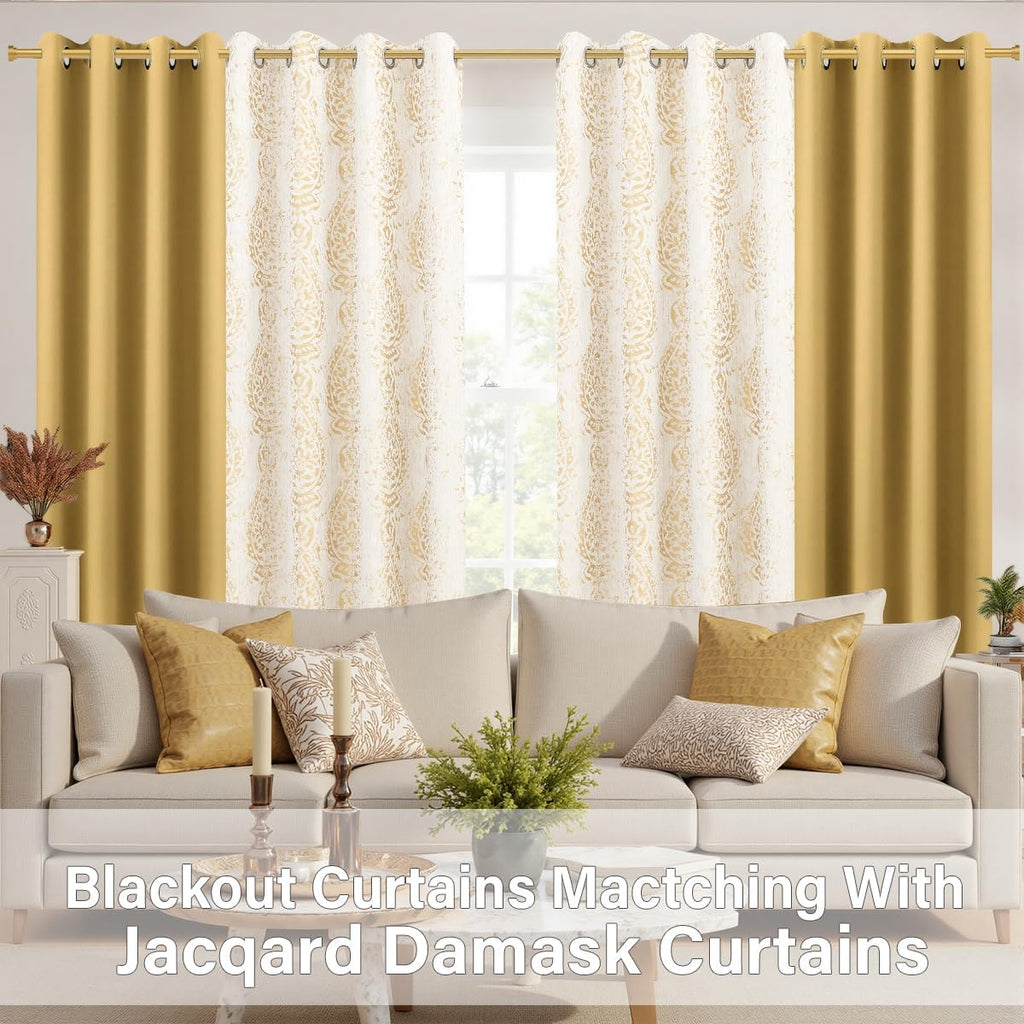 Gold Patterned Elegant Curtains, Blackout Damask Pattern Luxury Modern Design Contemporary Curtains, Wide 52 x 84