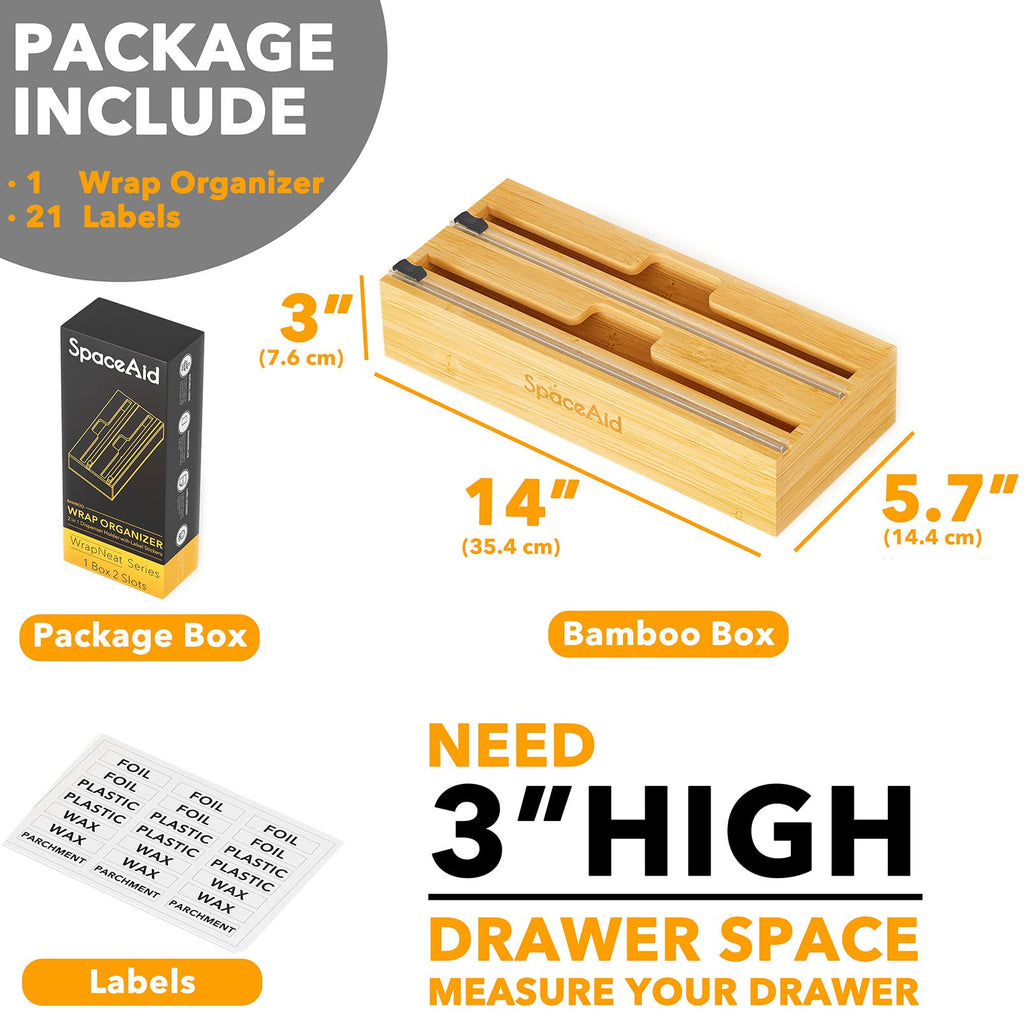 WrapNeat 2 in 1 Wrap Organizer with Cutter and Labels, Plastic Wrap, Aluminum Foil and Wax Bamboo Dispenser Storage