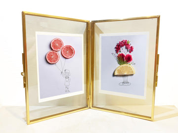 Gold Picture Frame - 5×7 Double Folding Glass Frame for Pressed Flowers - Vintage Brass Metal and Floating Frame