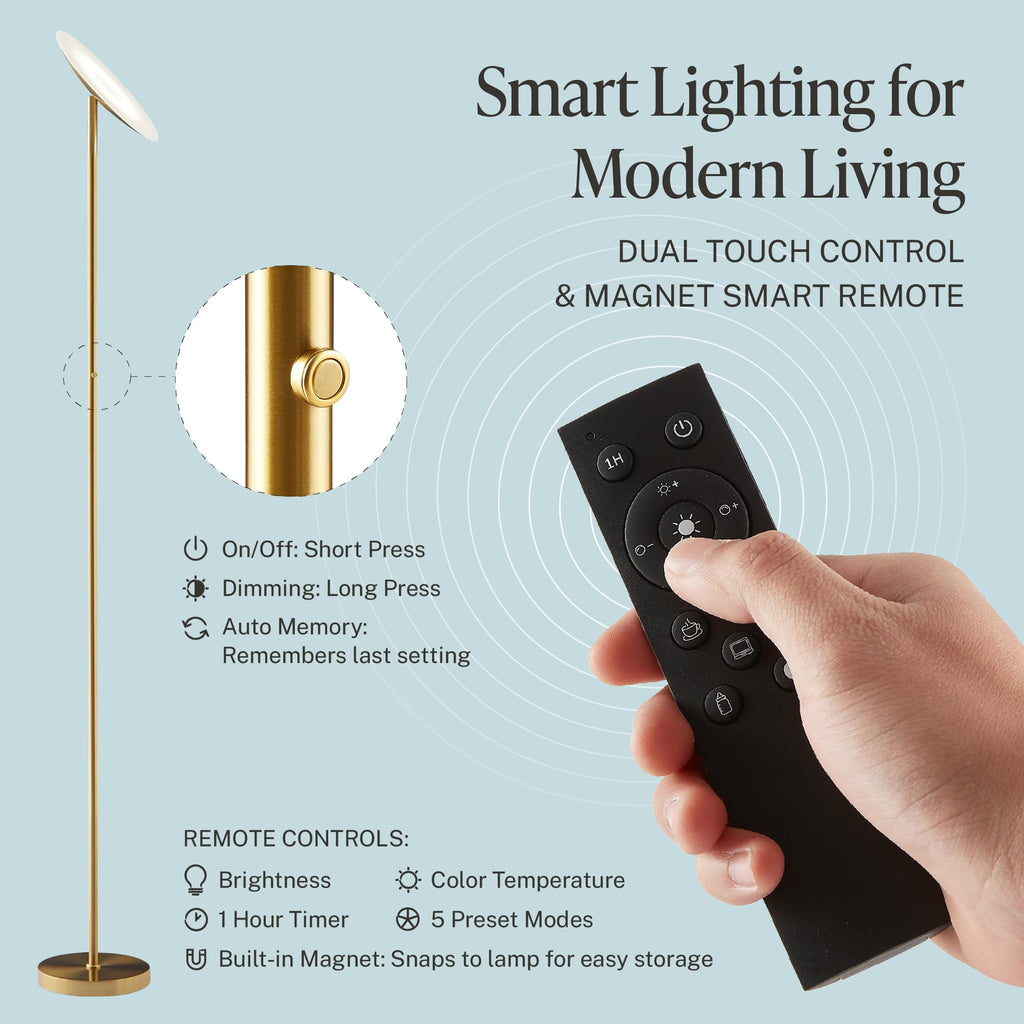 LED Torchiere Floor Lamp - 71" Tall Modern Torchiere Lamp in Golden Brass, Stepless Dimming, Remote & Touch