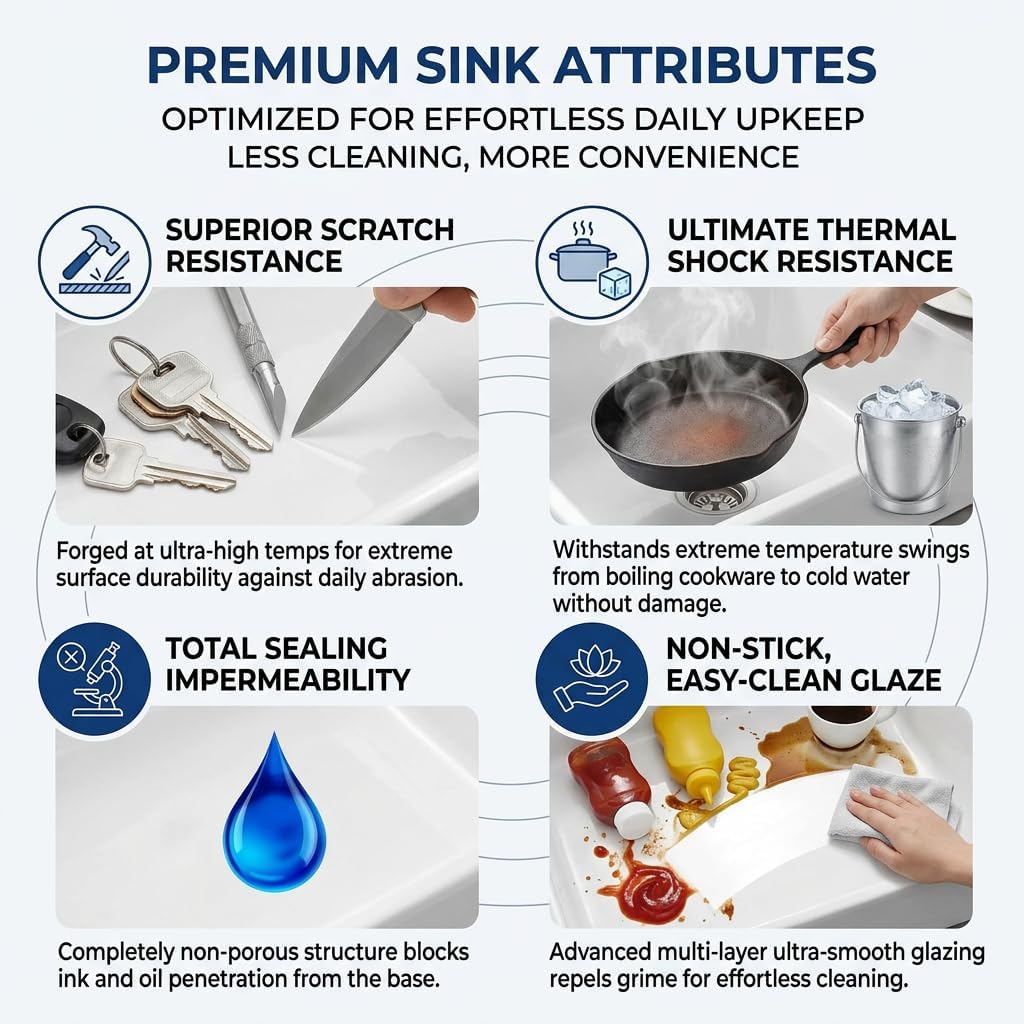 33-inch White Single Bowl Farmhouse Kitchen Sink Countertop with Vertical Double Bowl - Includes Drain and Drain Rack