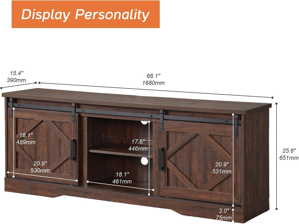 25.6"H Farmhouse TV Stand for 75" TV with Barn Doors& Hidden Storage | 66.1" W Rustic Country-Style TV Cabinet with
