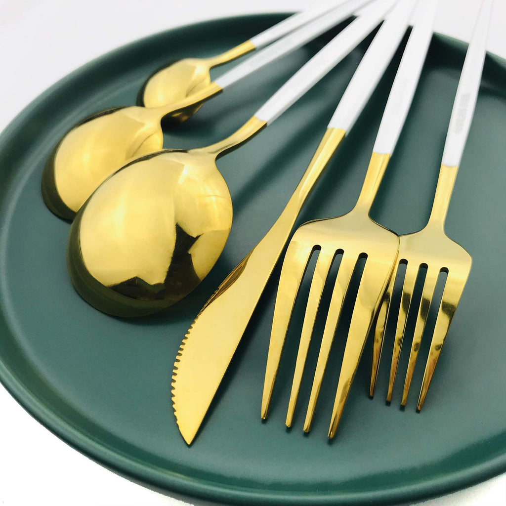 36-Pieces Silverware Mirror Polished Dinnerware Gold Flatware With White Handle, 18/0 Stainless Steel Cutlery Set
