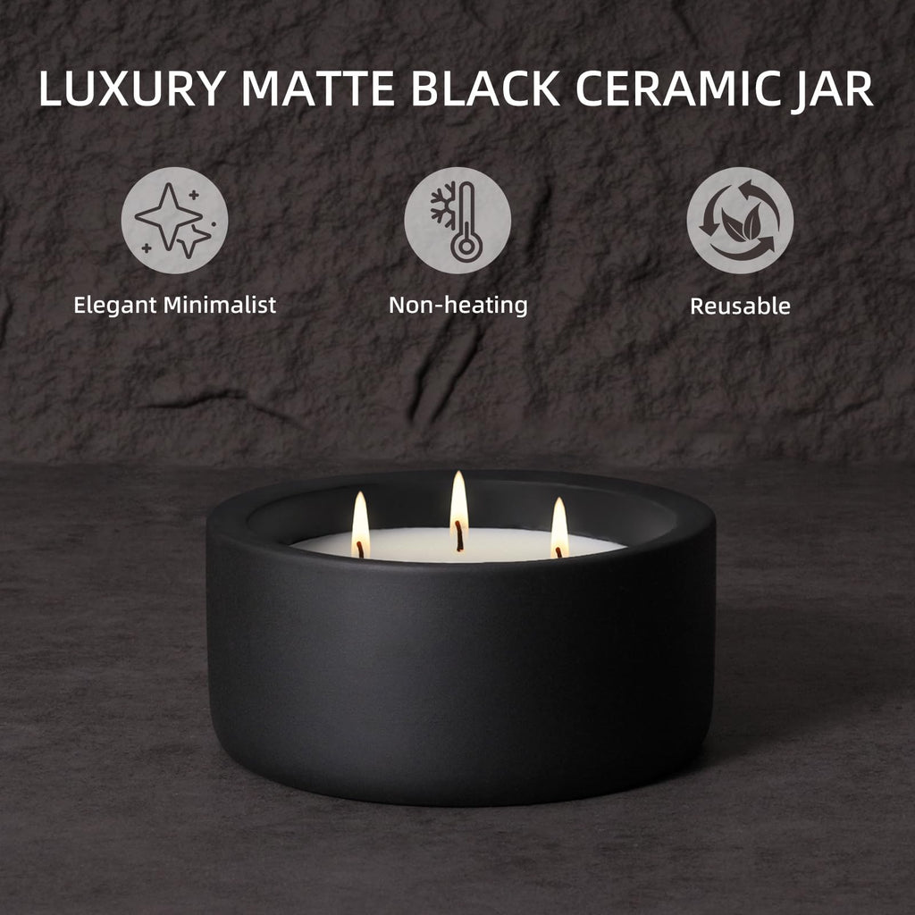 20oz Large Decorative Black Candle - Eucalyptus & Rosemary, 3 Wick Fall Scented Soy Candle for Women & Men, Matte