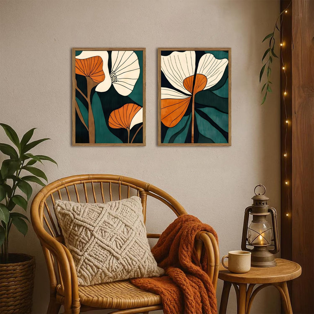 Mid Century Modern Flower Wall Art Vintage Abstract Botanical Wall Decor Painting Set of 2 Mid Century Boho Dark