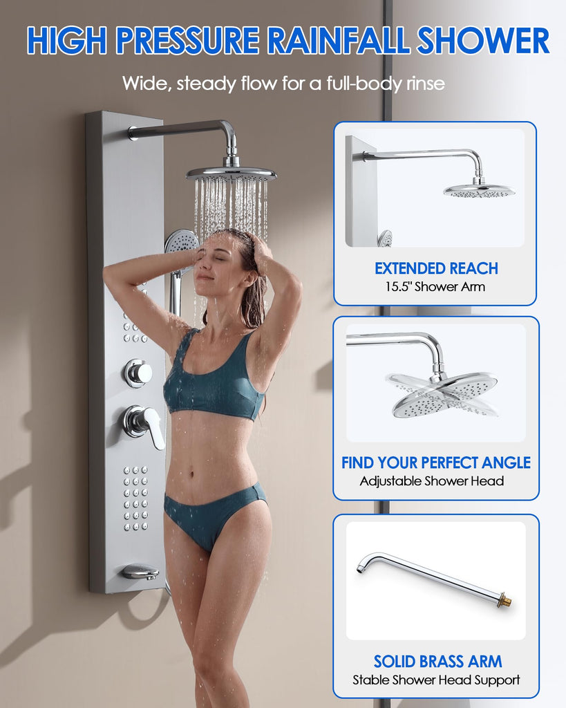 Shower Panel Tower System, 4 Functions, Surface Wall Mount, Brushed
