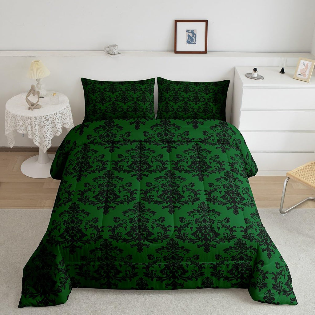 Green Black Damask Bedding Sets Full Size, Antique Victorian Baroque Boho Reversible Down Comforter Breathable