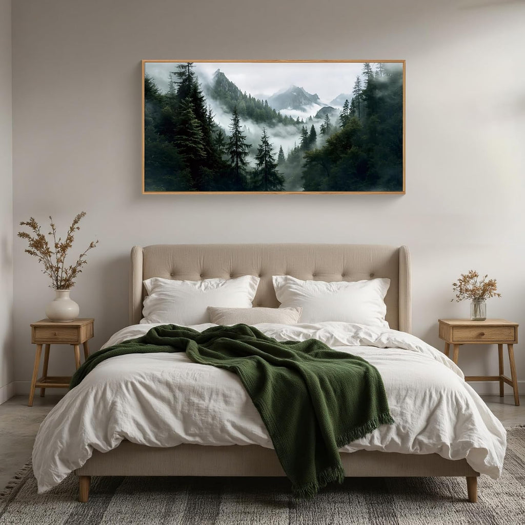 Boho Forest Mountain Framed Canvas Wall Art Set,Nature Foggy Woodland Ridge Wall Decor,Misty Pine Tree Artwork,Sage