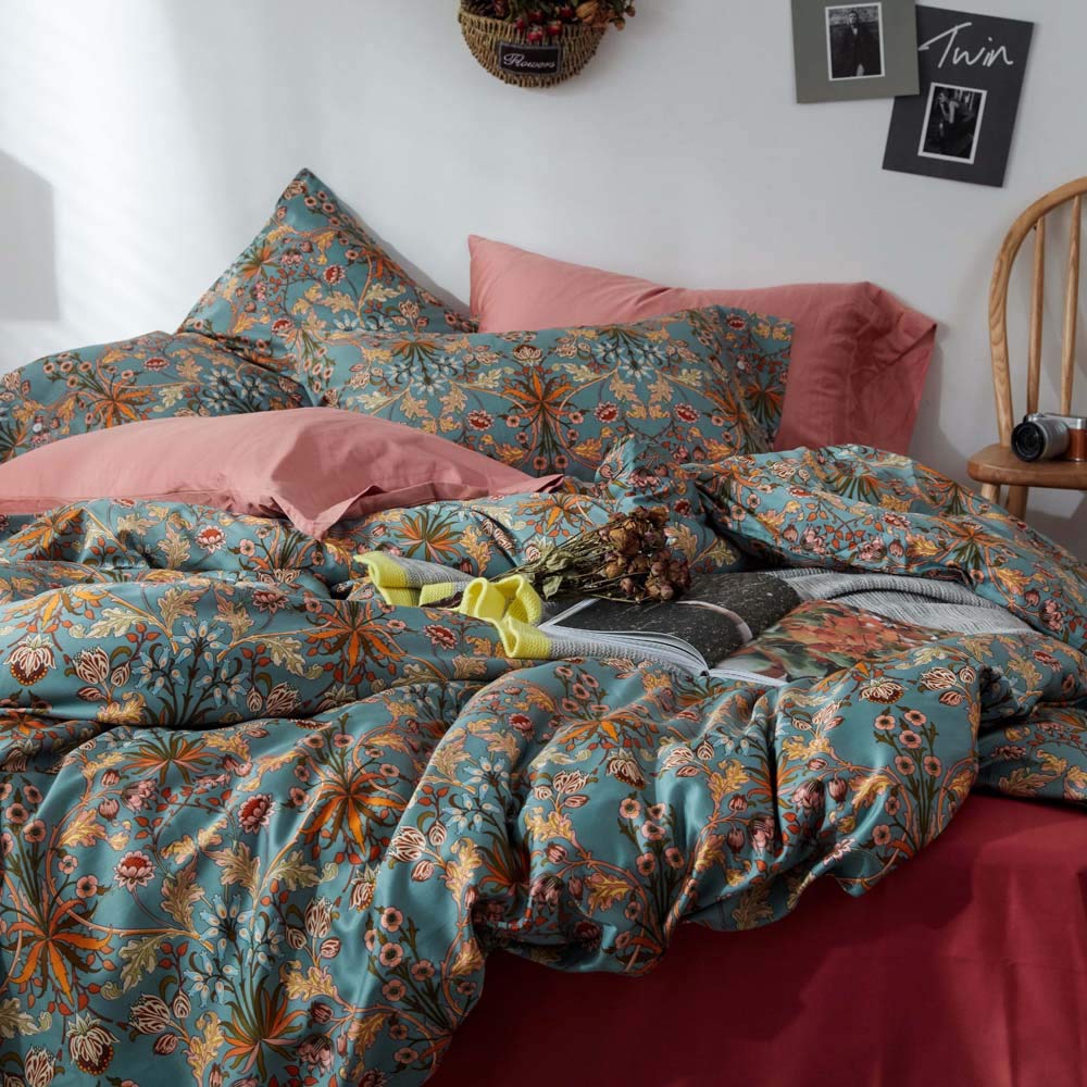 Green Gold Duvet Cover Queen, Medallion Paisley Print Bedding Set 400 Thread Count Percale Cotton Vibrant Bohemian