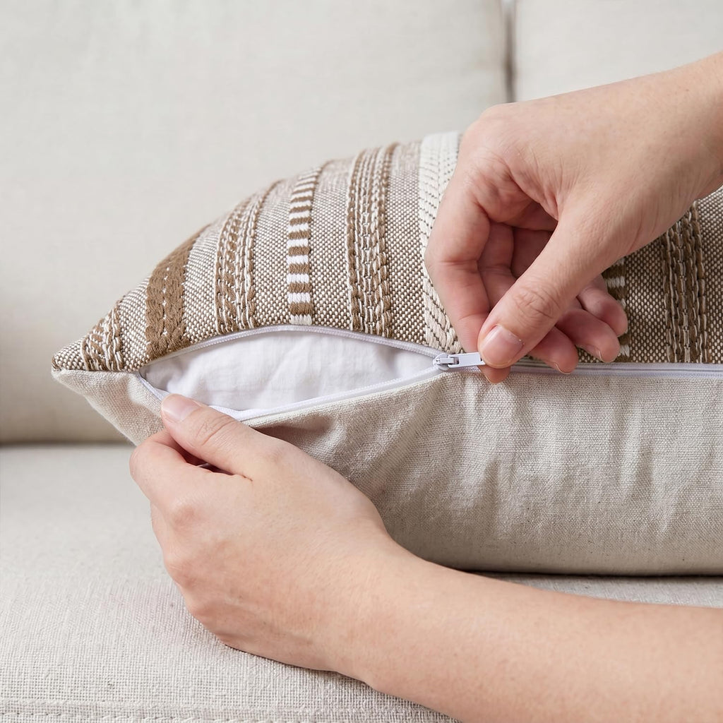 Light Brown Boho Decorative Throw Pillow Covers Set of 2, 20 x 20 Inch Woven Stripe Textured Rustic Cushion Case Home