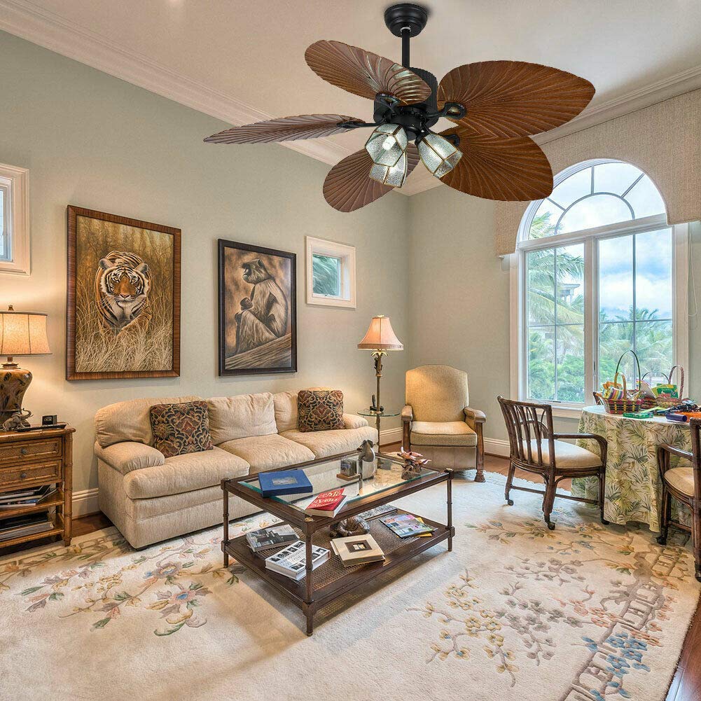 Palm Ceiling Fan Light, 52 Inch Remote Control Ceiling Fan Chandelier 5 Bronze Royal Palm Leaf Shape Blades Fixtures