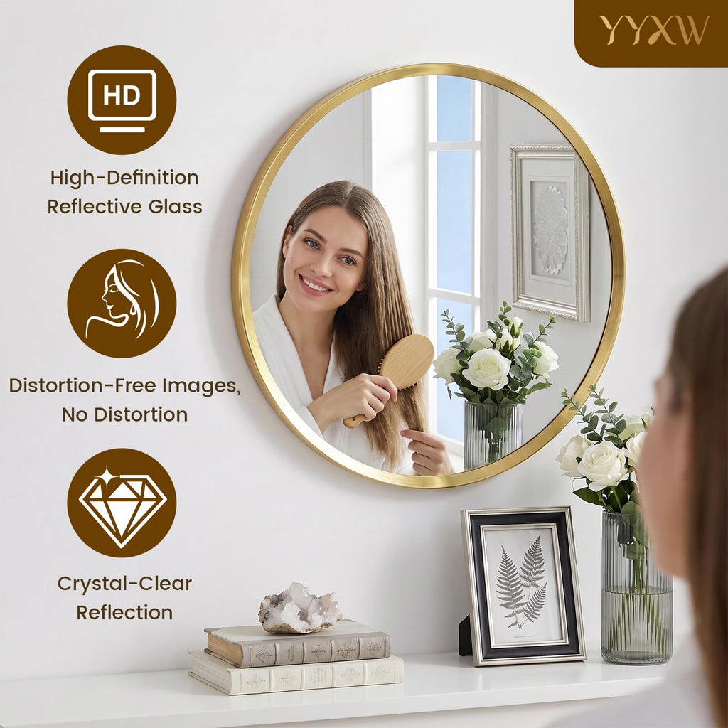 36 inch Brushed Gold Round Bathroom Mirror, Large Circle Mirror