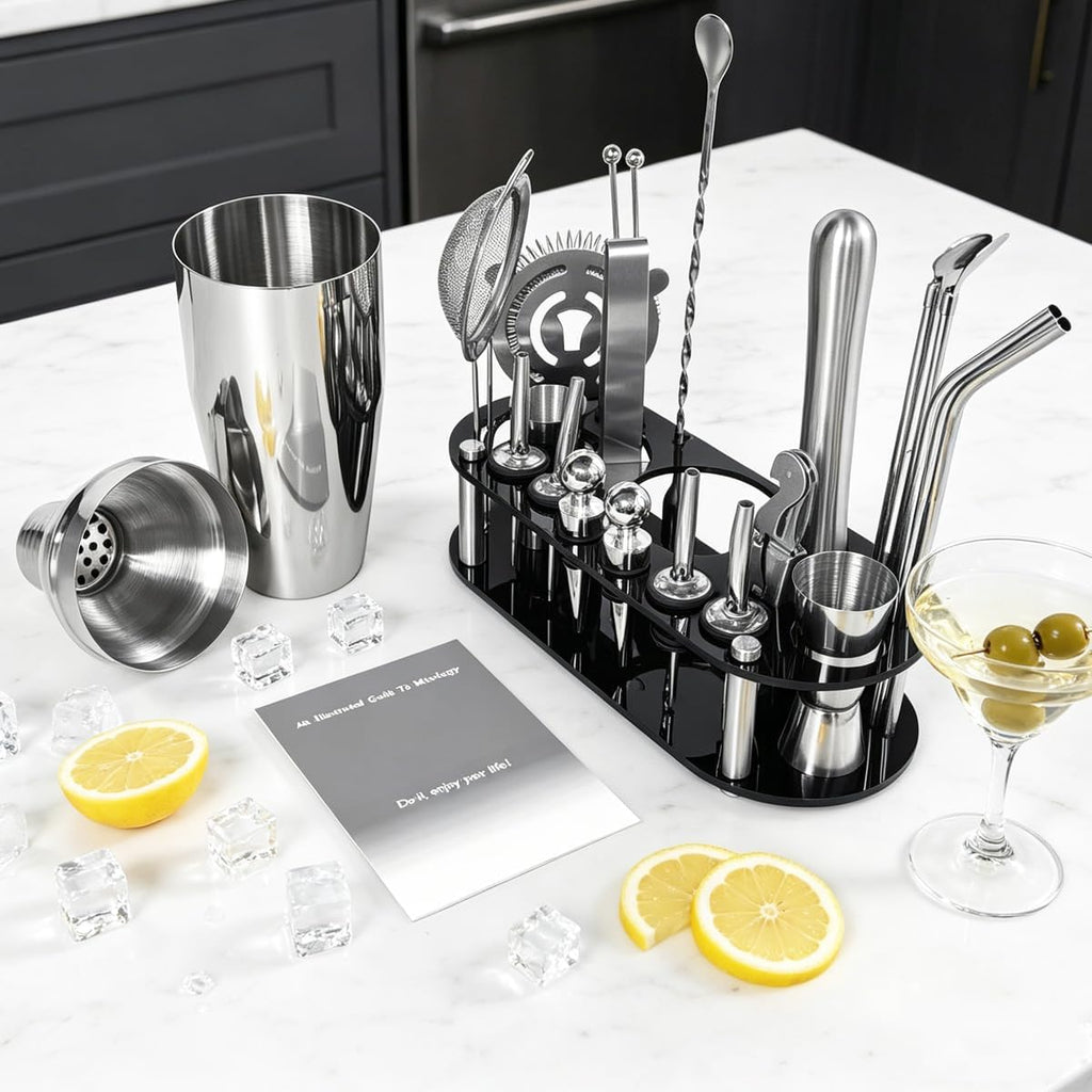 22-Piece 25oz Cocktail Shaker Set, Bartender Kit with Stand, Jigger for Bartending Kit, Bar Set Cocktail Shaker Set - Set of 22