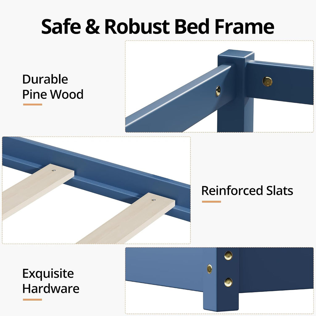Montessori Bed, Solid Wood Floor Bed Frame with Safety High Fence, Montessori Floor Bed with Rails for Boys