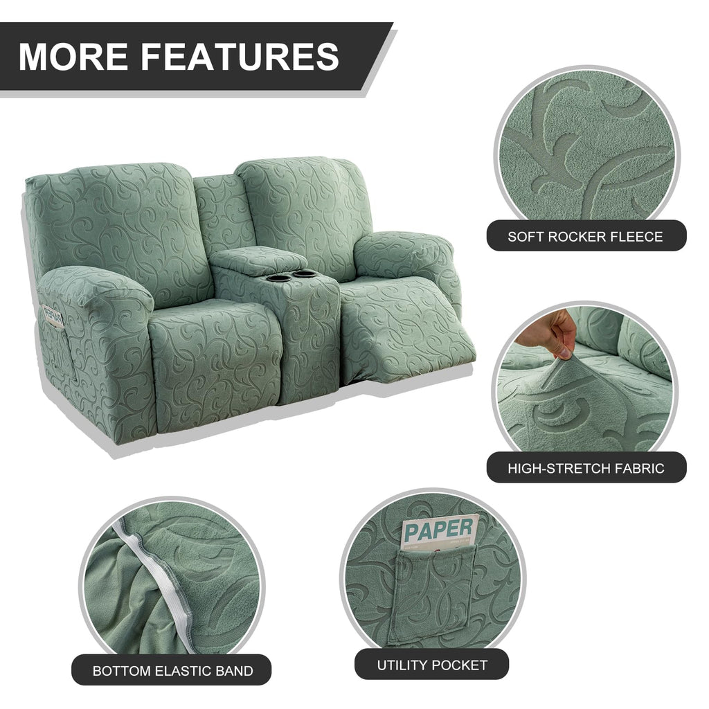 Recliner Loveseat Cover with Center Console, 2 Seater Jacquard Recliner Sofa Slipcover with Pockets Washable Stretch