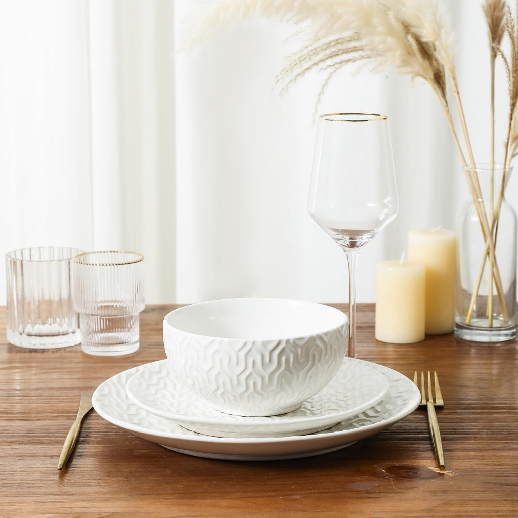Ceramic Dinnerware Sets for 6, 18 Pieces Stoneware Plates and Bowls Sets, Embossed Scratch Resistant Dinner Set