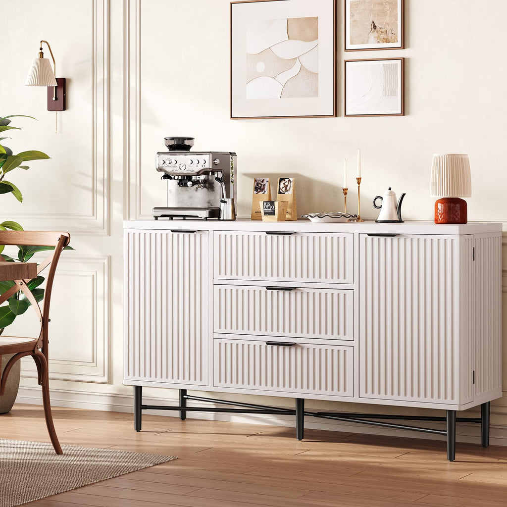 Fluted Buffet Cabinet with Door Shelves & 3 Storage Drawers, White