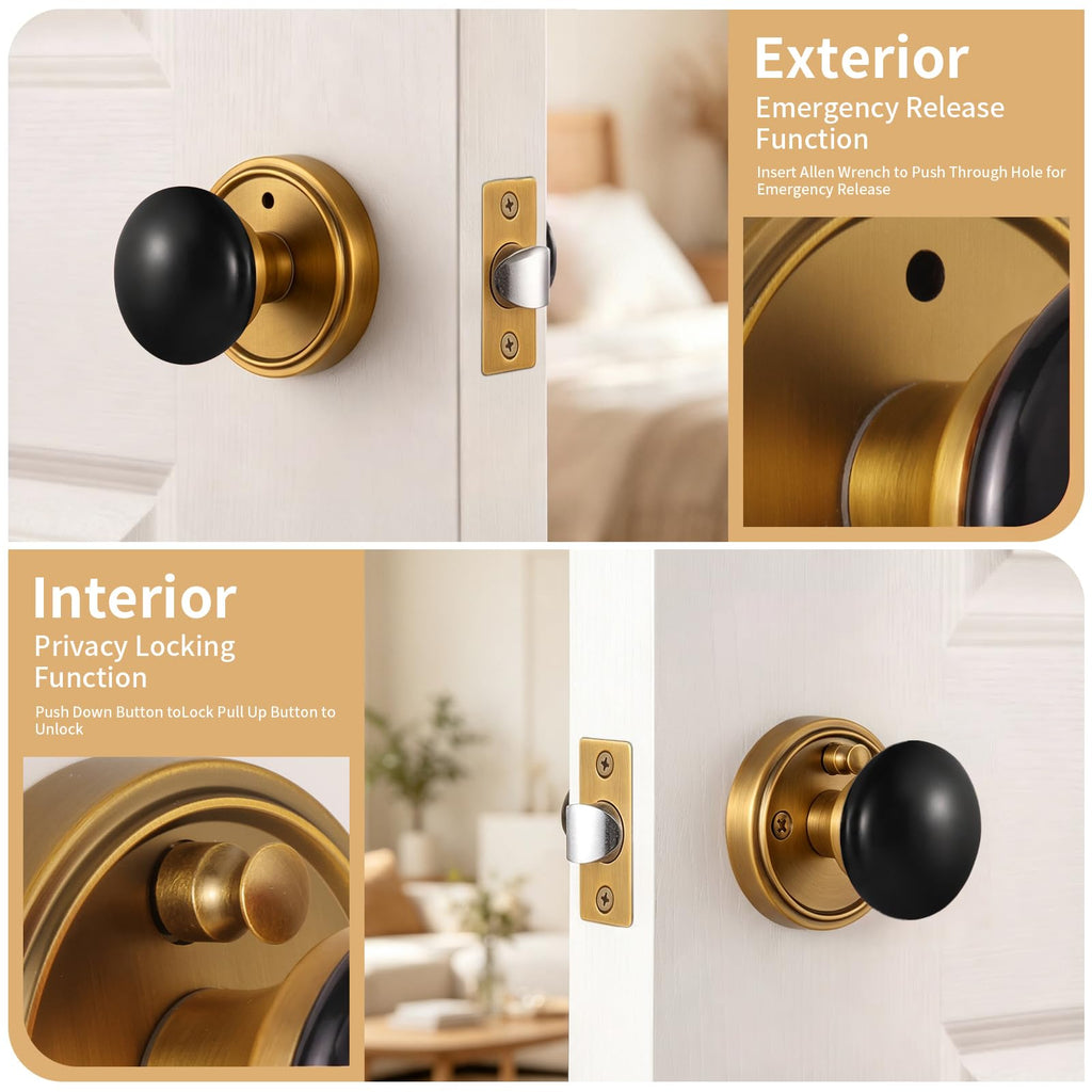 Black Porcelain Round Door Knobs with Antique Brass Rosette 1 Pack