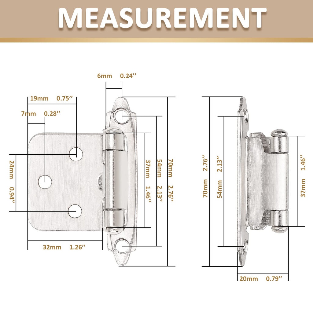Satin Nickel Cabinet Hinges Cabinets Doors, 20 Pair -40 Pcs 1/2" Overlay (Variable) Self Closing Decorative Kitchen