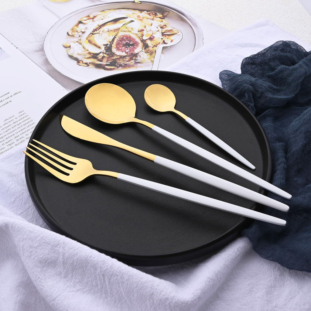 Mirror Silverware Set, 24-Piece 18/0 Stainless Steel Flatware Set For 6, Gold and White Color Forks Spoons Knives
