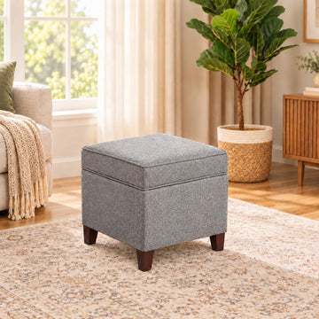 Linen Storage Ottoman with Wooden Legs, 17" Square Upholstered Flip-Top Footrest Stool, Extra Seat or Coffee Table