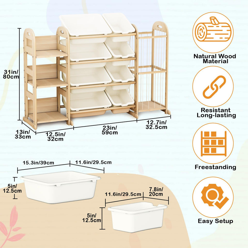 Wooden Toy Storage Organizer, Toy Organizers & Storage with Stuffed Animal Storage, Toy Storage Shelf with 3 Shelves