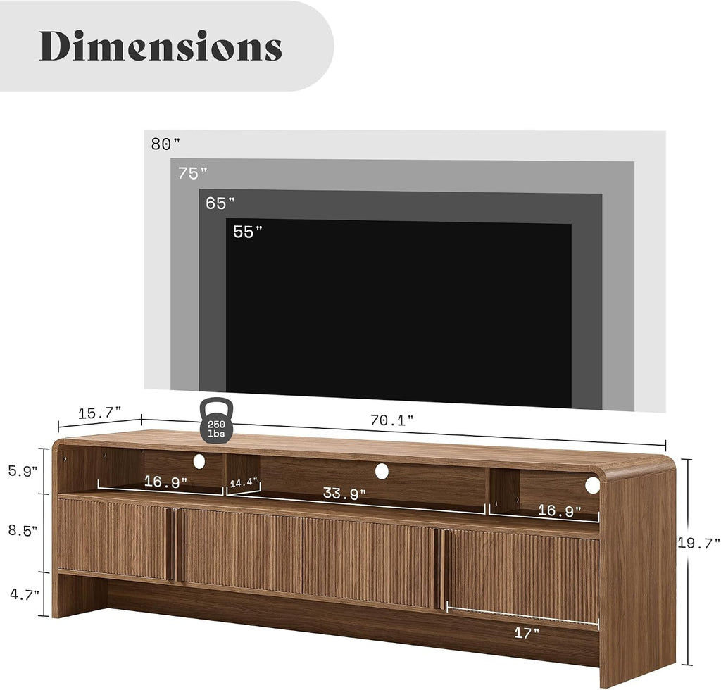 70" Fluted Wood TV Stand for TVs up to 80", Media Console Entertainment Center with Storage Cabinets for Living Room