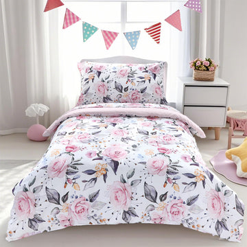 Toddler Bedding Set for Girls, 4 Piece Soft & Breathable Floral Crib Bedding Set, Bed-in-A-Bag Toddler Microfiber