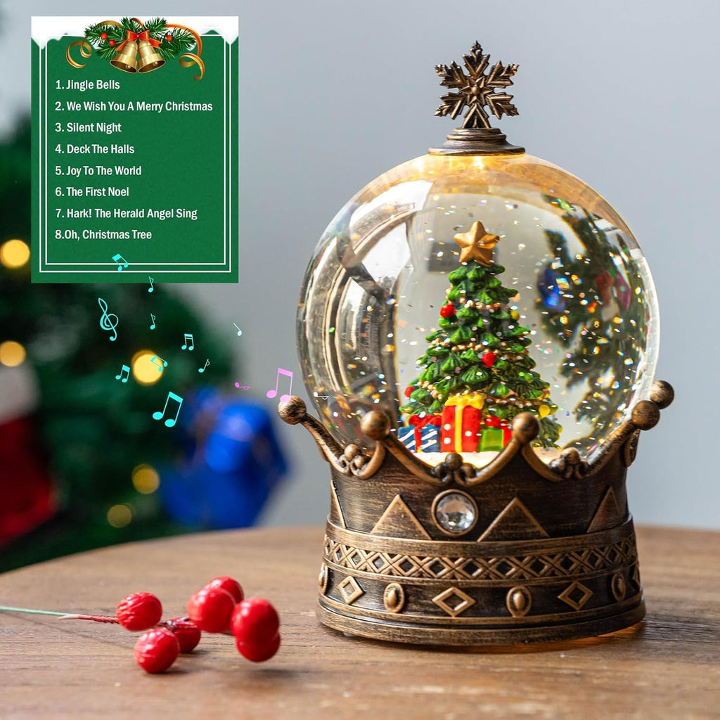Christmas Snow Globe Lantern Water Glittering Christmas Tree Crown with Music, USB Lined/Battery Operated Lighted