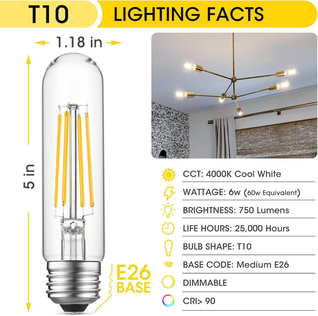 5" T10 Tubular LED Light Bulb, 60W Eq, Dimmable, Cool White 4000K, 6-Pack