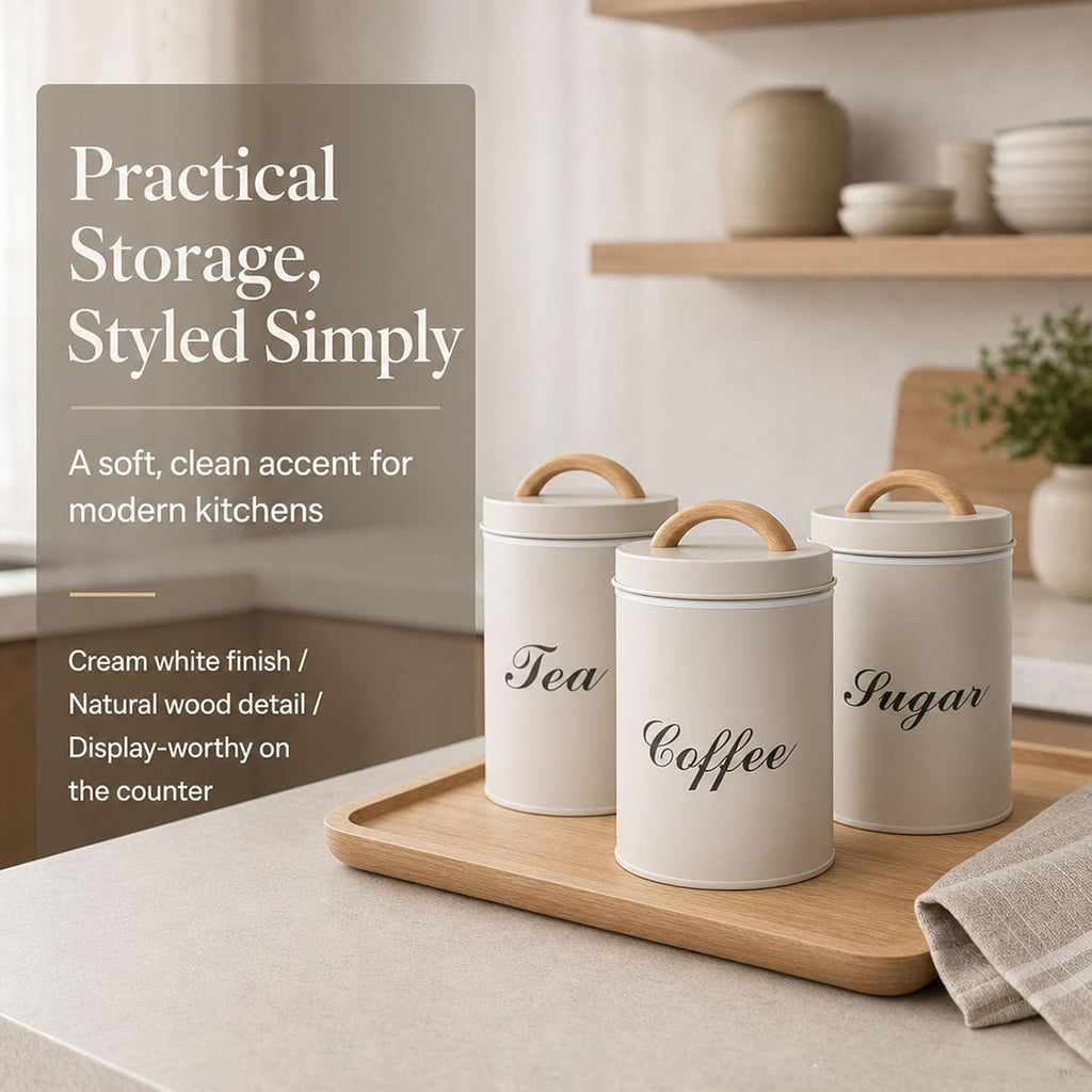 Coffee Sugar Tea Canister Set, 3 Pack Metal Kitchen Containers with Airtight Lids and Wood Handle, Labeled Food - Set of 3