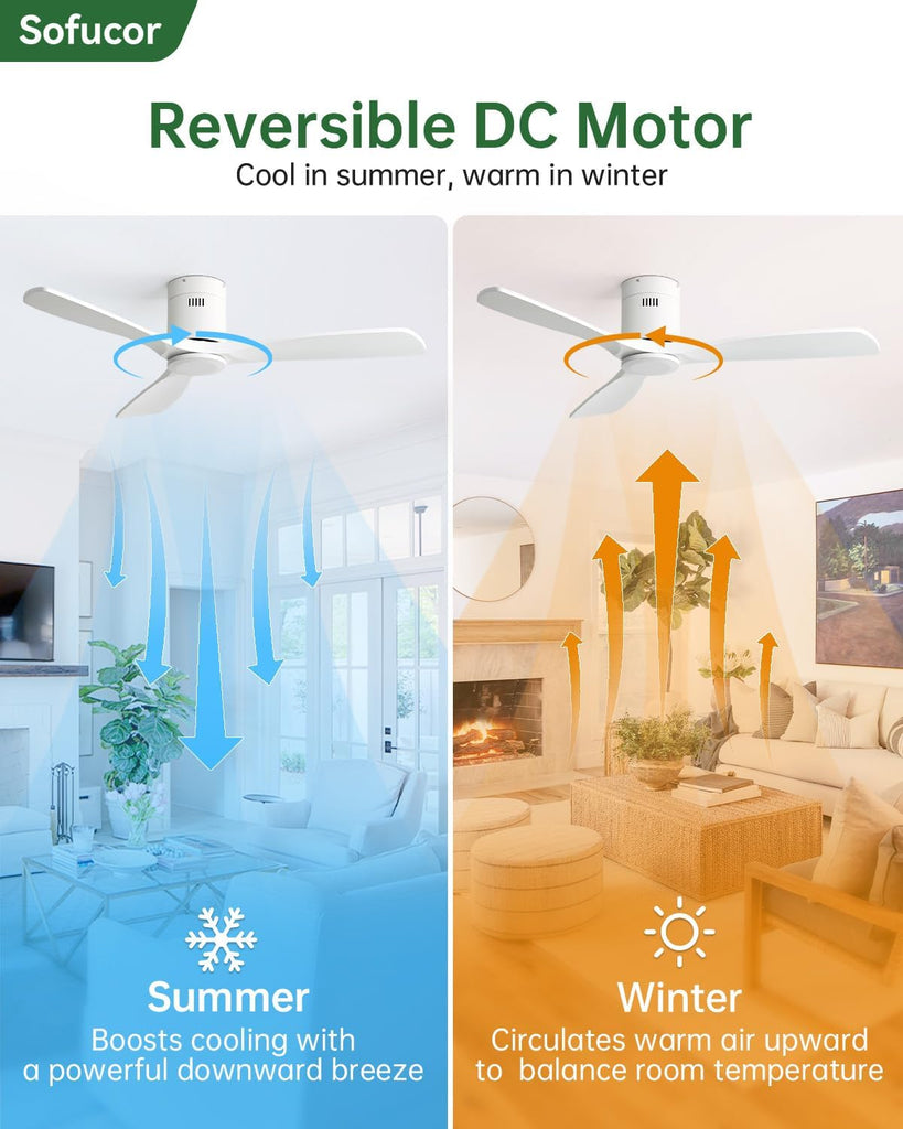 52 Inch Smart Ceiling Fan Without Lights Flush Mount Solid Wood Ceiling Fan with Alexa/APP/Remote Control-Modern