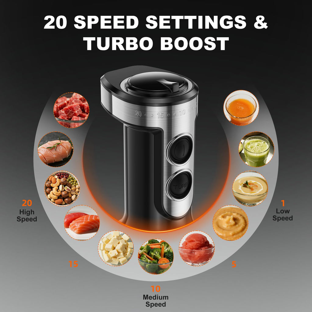 Immersion Blender Handheld 1200W, 20 speed, 5-in-1 Handheld Mixer
