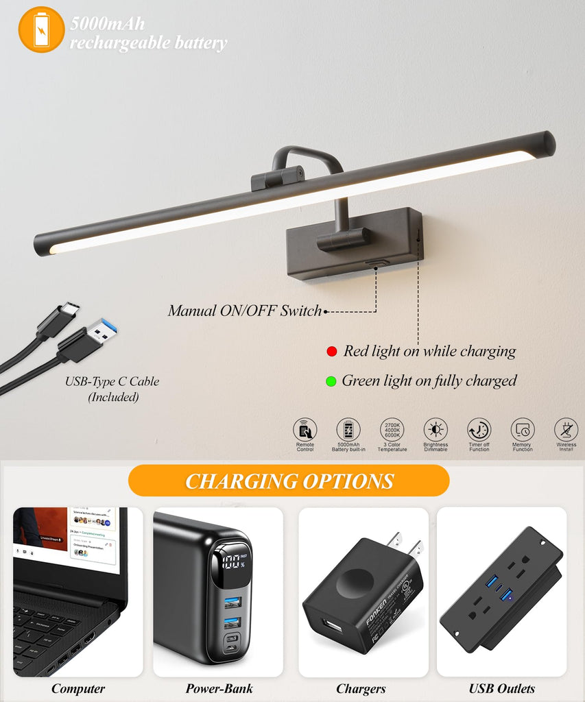 24" Battery Operated Picture Light for Wall,Remote Control