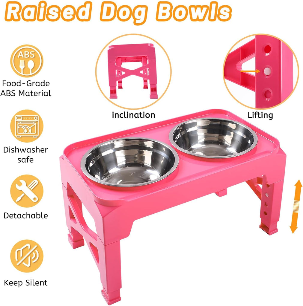 Elevated Dog Bowls with 2 Stainless Steel Dog Food & Water Raised Bowls with No Spill Edge Non-Slip Stand Adjusts to