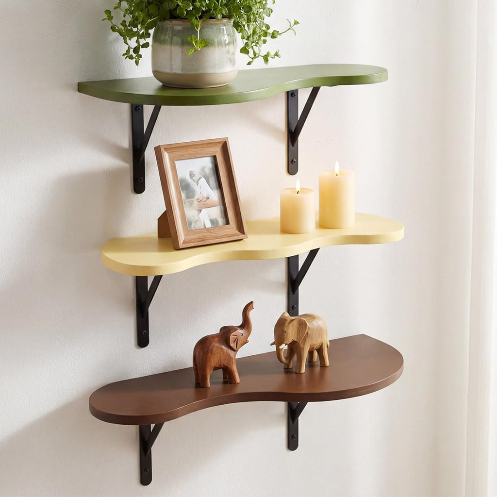 3 Pcs Mid Century Floating Shelves Wavy Cloud Shelves Wooden Shelf Live Edge Wall Mount Shelf Rustic Farmhouse Mid