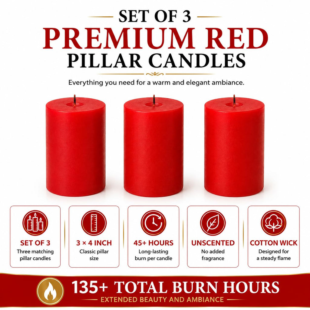Rustic Red Pillar Candles 3x4 Inch, Set of 3, 45+ Hour Burn, Dripless