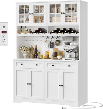 75" Kitchen Pantry Storage Cabinet, Coffee Bar Hutch Cabinet, White | Tall Pantry Cabinet with Charging Station /