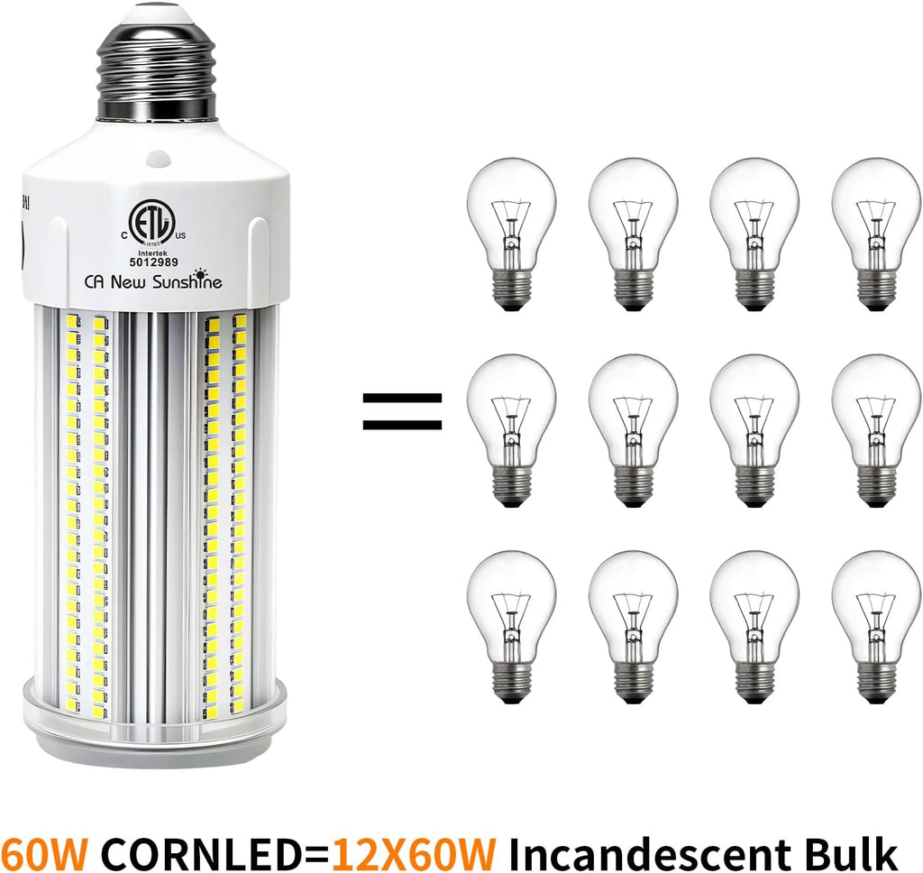 2 Pack 600W Equivalent LED Corn Light Bulb 9000 Lumen 5000K 60W Large Area Daylight White E26/E27 Medium Base