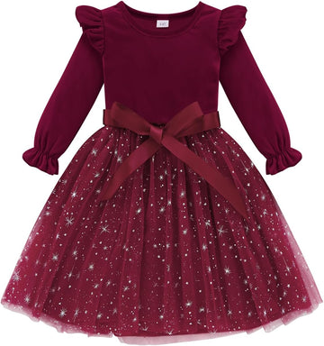 Toddler Girls Tutu Dresses Velvet Tulle Dress with Sequin Long Sleeve Holiday Party Fall Winter Dress