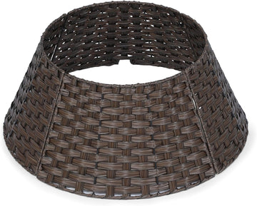 24inch Christmas Tree Collar, Woven Rattan Xmas Tree Collar for Slim Tree with Braided Design & Cord Cut-Out, Tree