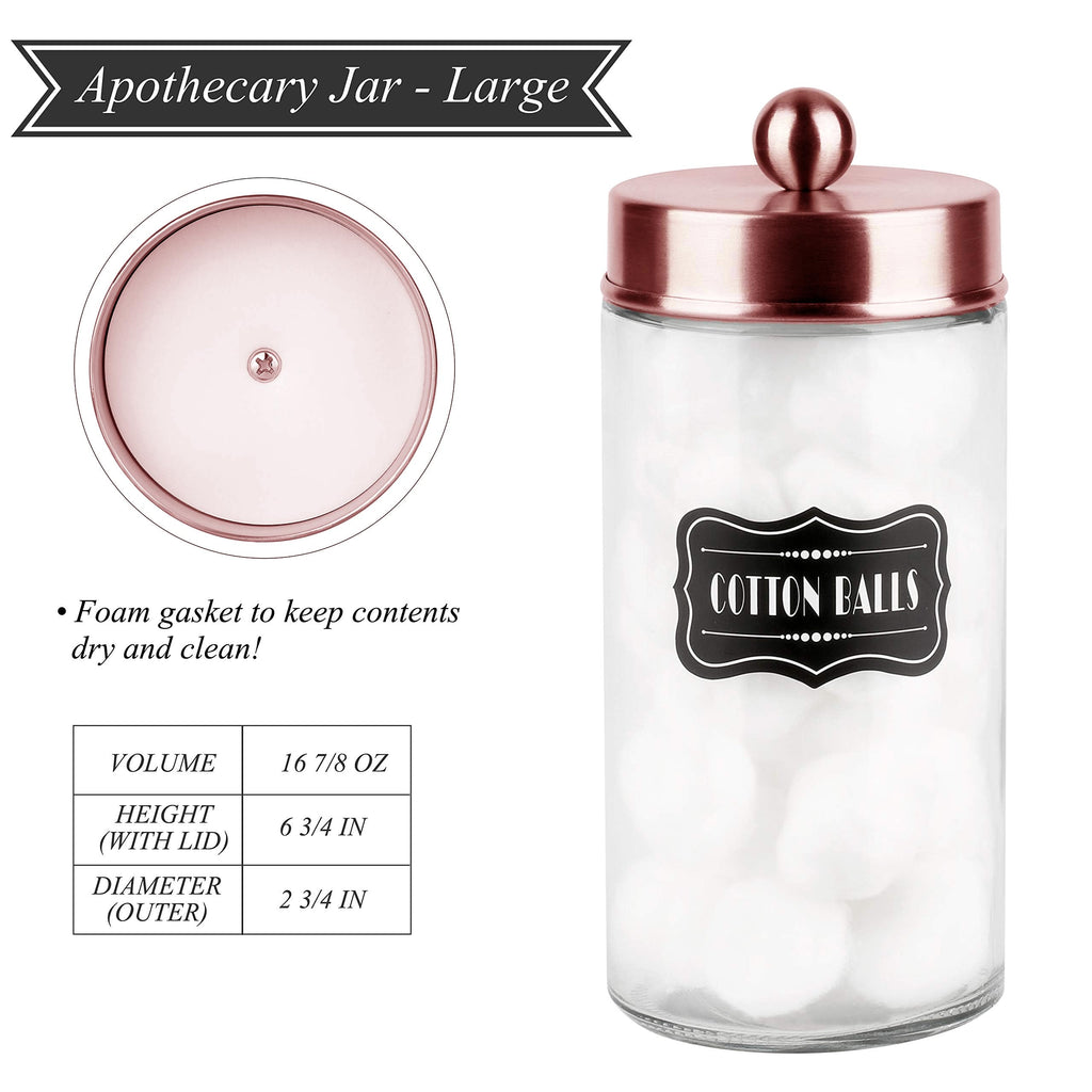 Apothecary Jars 3 Pack - Glass Bathroom Containers with Stainless Steel Lids - Rustic Farmhouse Decor Bathroom