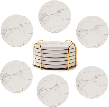 4inch Round White Marble Coaster with Gold Storage Rack - Set of 6