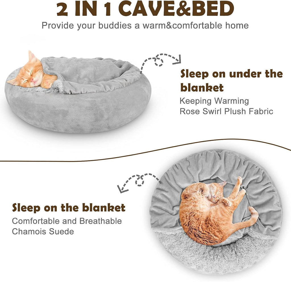 Dog Beds for Small Medium Dogs, Cozy Cuddler Luxury Puppy Pet Bed with Blanket Attached, Donut Round Calming