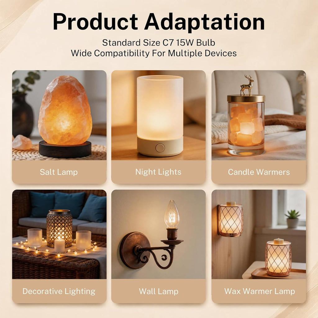 15 Pack 15W Dimmable E12 C7 Bulbs for Salt Lamps & Wax Warmers