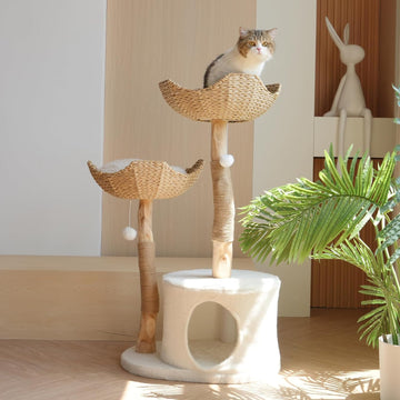 Natural Modern Cat Tree Tower - Wooden Cat Condo with Dangling Ball, Cozy Baskets, Scratching Posts, for Large Indoor