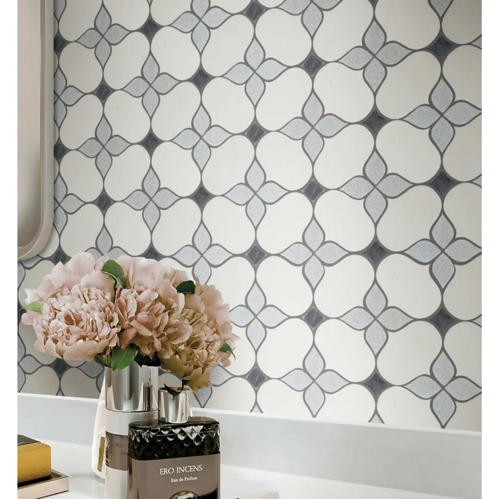 White Marble Arabesque Mosaic Tile with Blue Decorative Inlay 12x12 - Polished Natural Stone Wall & Floor Tile