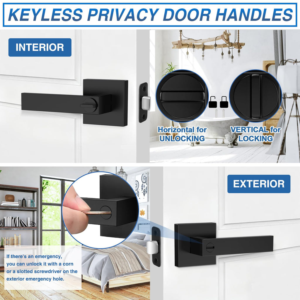 6 Pack Matte Black Door Handles Interior, Keyless Interior Door Knobs, Privacy Door Locks Bathroom, Heavy Duty Square