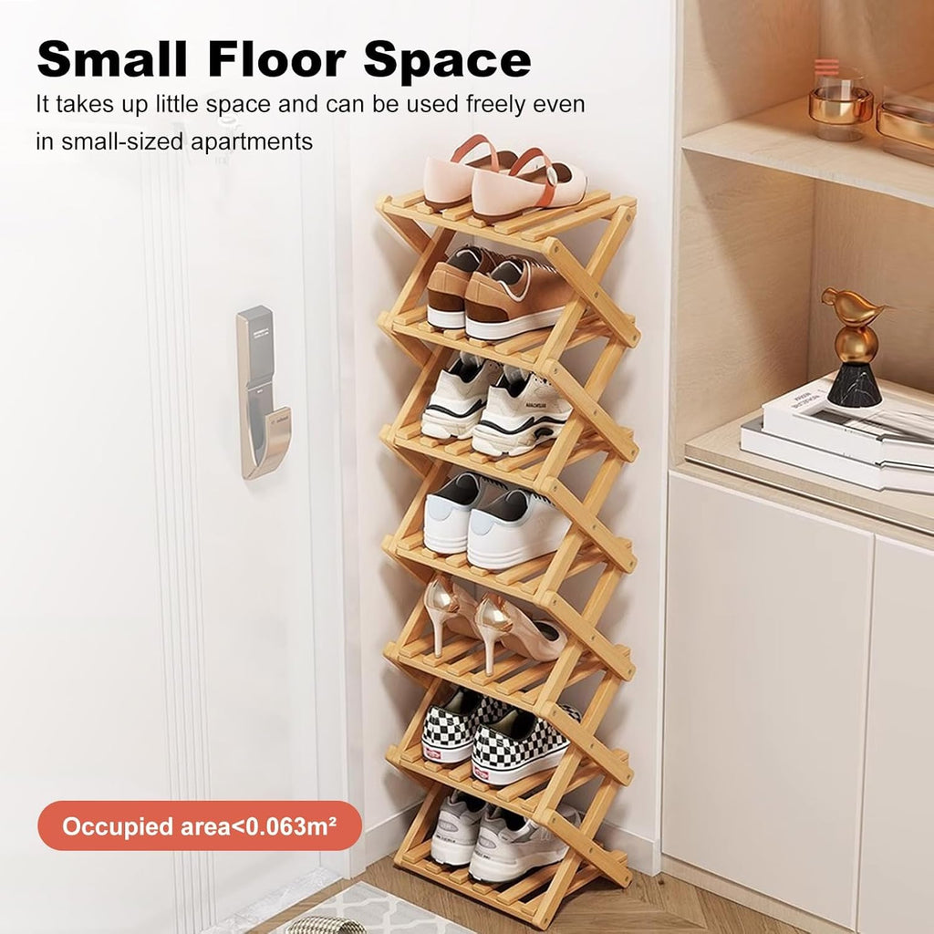 Bamboo Shoe Rack, Foldable Vertical Free Standing Shoe Storage Shelf