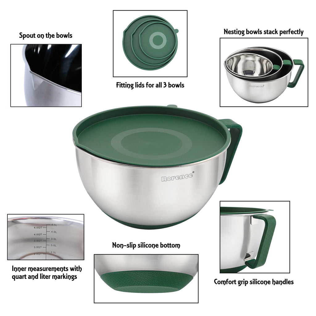 Stainless Steel Mixing Bowls Set with Lids,1.5,3 & 5 Qt,Green